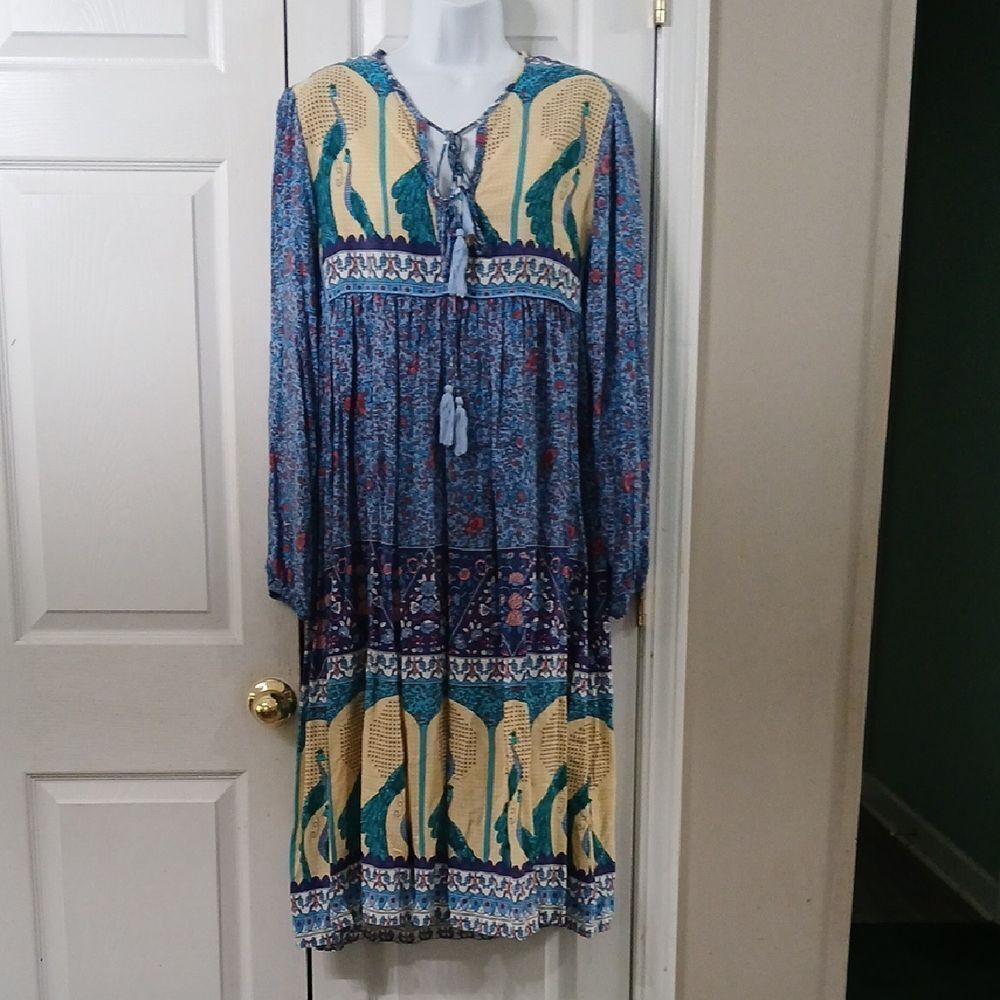 R. Vivimos peasant boho peacock long sleeve dress Sz M (8/10) EUC